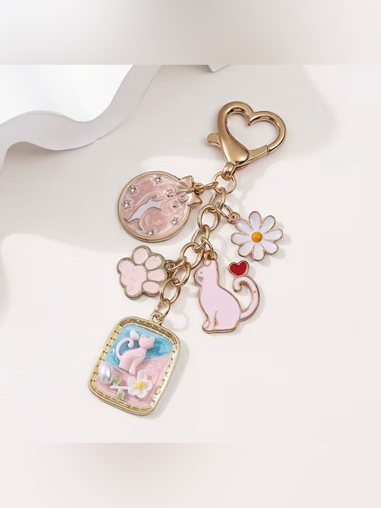 Accessories - Cat & Daisy Enamel Charm Keychain Bag charm Pink w/ Gold Tone Hardware NIP